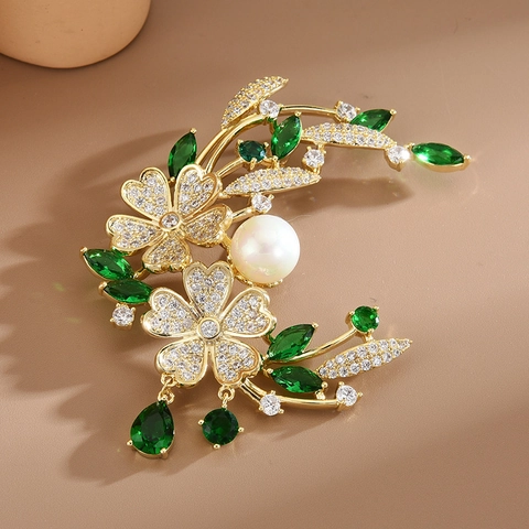 Vintage Chinesischer Stil Kupfer Blumen Brosche Mit Grünen Zirkonia Und Künstliche Perle Elegant Damen Schmuck Brosche