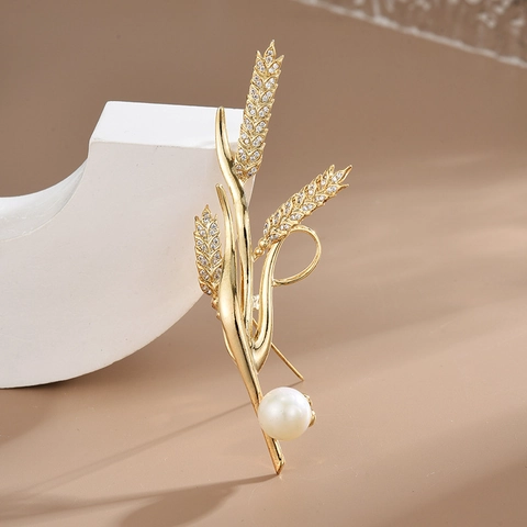 Elegante Broche de Espiga de Trigo de Cobre para Mujer Broche de Flor de Trigo con Diamantes de Imitación Coreanos con Perla Artificial