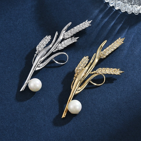 Elegante Broche de Espiga de Trigo de Cobre para Mujer Broche de Flor de Trigo con Diamantes de Imitación Coreanos con Perla Artificial