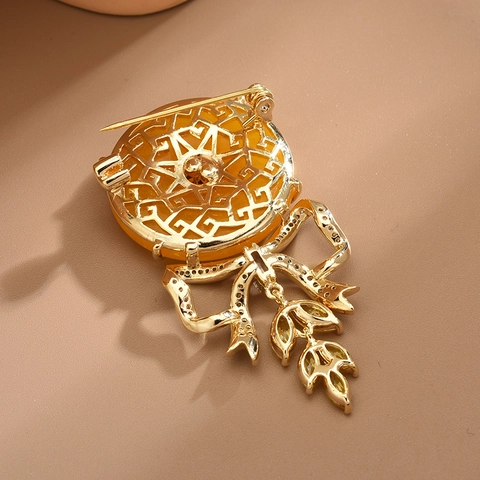 High End Vintage Bernstein Schleife Brosche Mit Glücksbringendem Fu Zeichen Strass Eingelegt Vergoldet Corsage Anstecknadel Damen Schmuck