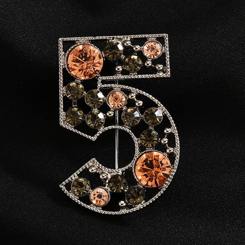 Spilla a Forma di Numero 5 in Strass di Moda Lega Vintage Brillante Cristallo Corsage Pin per Accessori Cappotto Donna Gioielli Regalo