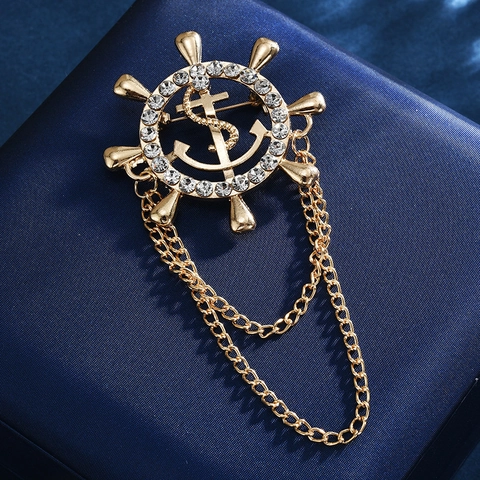 Vintage Gold Nautisches Steuerrad Und Anker Brosche Mit Doppelkette Quaste Strass Einlage Damen Anzug Schmuck Geschenk
