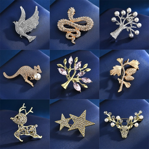 Fashion Alloy Rhinestone Artificial Pearl Brooch For Women Elegant Animal Plant Shape Bird Snake Deer Tree Star Suit Pin Accessories