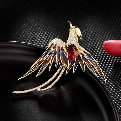 Elegant Alloy Phoenix Brooch Pin Colorful Enamel Rhinestone Inlaid Luxury Bird Brooches For Women Banquet Wedding Accessories