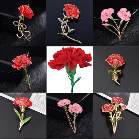 Vintage Carnation Flower Brooch Alloy Enamel Rhinestone Pin For Women Mother's Day Clothing Accessory Elegant Jewelry Gift