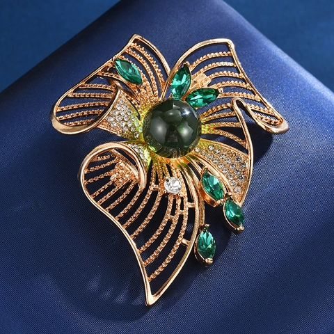 Spilla a Fiore Verde Smeraldo Vintage in Lega Placcata Oro Zircone Perla Artificial Spilla per Matrimonio Banchetto Accessori Donna