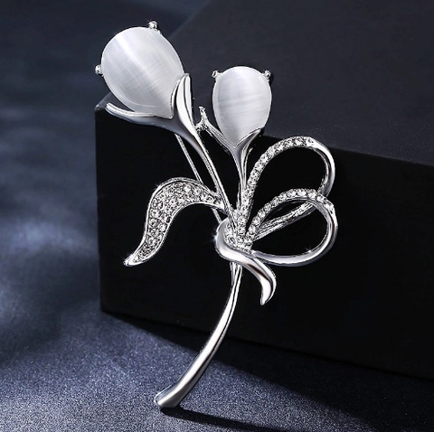 Eleganter Tulpen Blume Brosche Pin Für Damen Eingelegt Katzenauge Zirkonia Gold Silber Überzogen Legierung Kupfer Blumen Schmuck