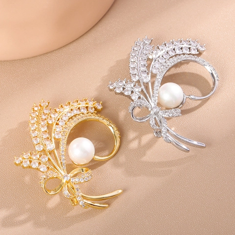 Elegante Spilla a Spiga di Grano in Rame Intarsiata Con Zirconia Perla Artificiale Fiocco per Donna Uomo Gioielli di Moda