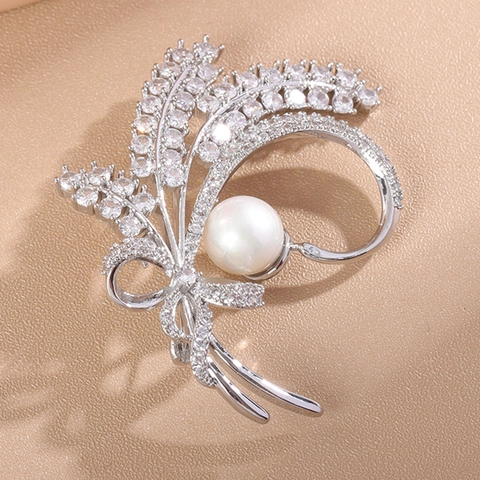 Elegante Spilla a Spiga di Grano in Rame Intarsiata Con Zirconia Perla Artificiale Fiocco per Donna Uomo Gioielli di Moda