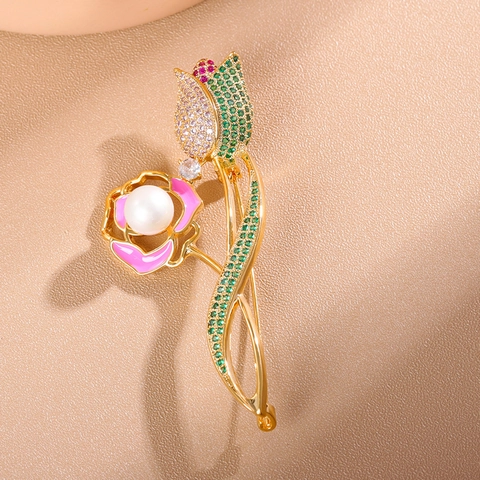 Elegante Spilla a Forma di Fiore di Tulipano in Rame e Zircone per Donna Rosa Smalto Rosa Perla Artificial Spilla per Matrimonio Banchetto Gioielli