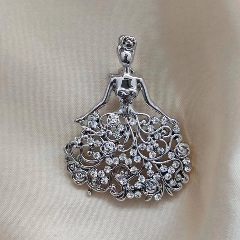 Elegant Angel Girl Long Dress Rhinestone Brooch Pin Silver Zinc Alloy Rose Flower Hollow Out Suit Coat Jewelry For Women