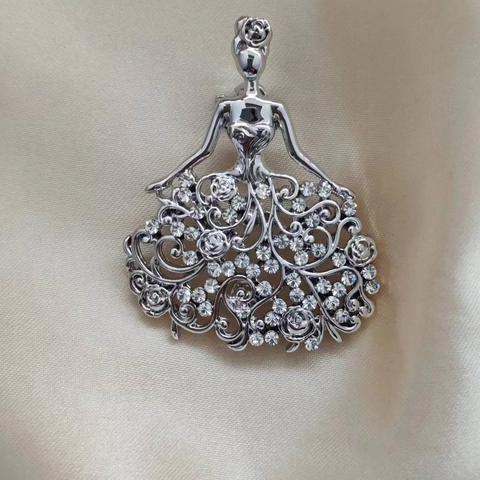 Elegant Angel Girl Long Dress Rhinestone Brooch Pin Silver Zinc Alloy Rose Flower Hollow Out Suit Coat Jewelry For Women