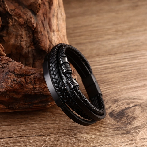 Men's Multi-Layer Braided Microfiber Leather Bracelet With 304 Stainless Steel Magnetic Buckle Punk Rock Hand Wrap Jewelry