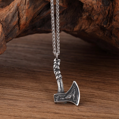 Viking Axe Pendant Necklace For Men Stainless Steel Nordic Wolf Totem Gothic Hip Hop Retro Pagan Fashion Jewelry Accessory