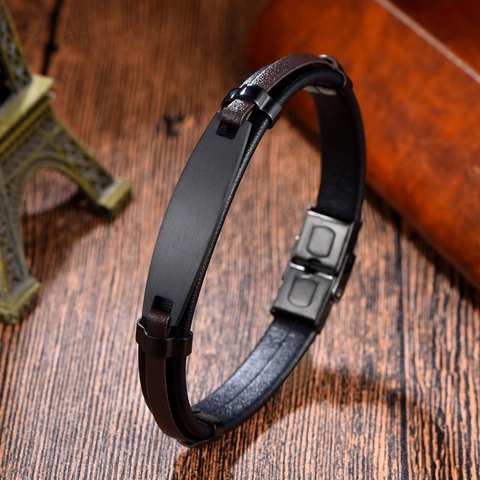 Men's Minimalist Stainless Steel Leather Cord Bracelet Hand-Woven Punk Fashion Geometric Wristband Jewelry Accessory
