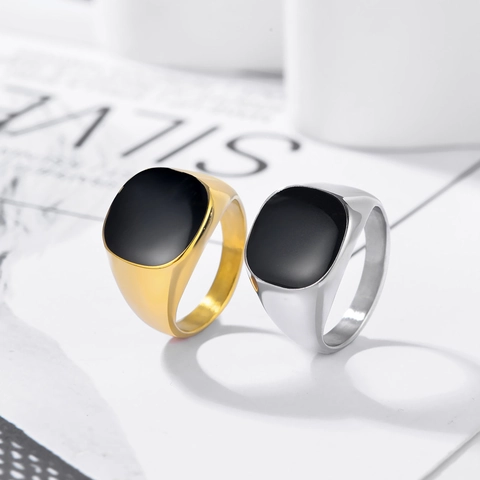 Vintage Punk Stainless Steel Signet Ring For Men Square Black Drip Oil Polished Biker Ring Retro Jewelry Size 7-13