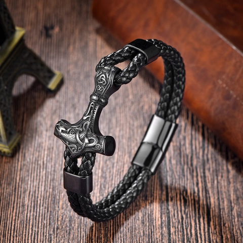 Men Viking Thor Hammer Bracelet Vintage Black Braided Microfiber Leather Stainless Steel Mjolnir Bracelet Nordic Jewelry Gift