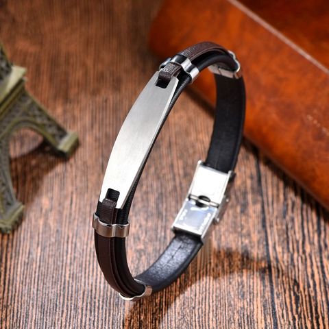 Men's Minimalist Stainless Steel Leather Cord Bracelet Hand-Woven Punk Fashion Geometric Wristband Jewelry Accessory