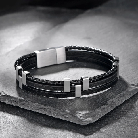 Men's Three-Layer Braided Leather Bracelet With Stainless Steel Magnetic Clasp Vintage Punk Geometric Woven Wristband