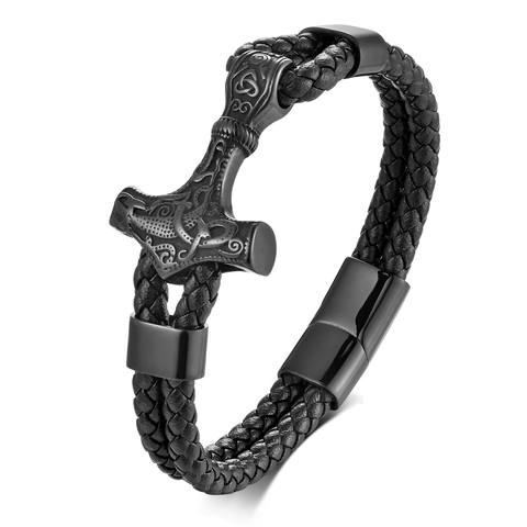 Men Viking Thor Hammer Bracelet Vintage Black Braided Microfiber Leather Stainless Steel Mjolnir Bracelet Nordic Jewelry Gift