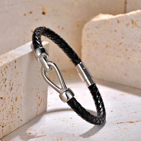 Men Minimalist Stainless Steel PU Leather Braided Bracelet Horseshoe Buckle Street Style Magnetic Clasp Punk Jewelry