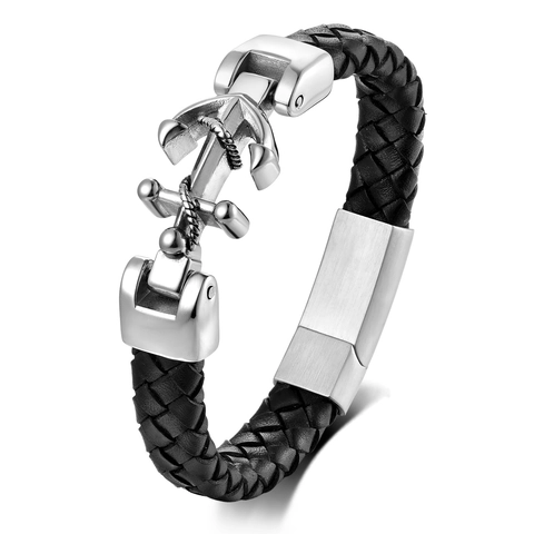 Men's Nautical Anchor Bracelet Stainless Steel Woven Leather Wrap Bracelet Punk Hip Hop Jewelry Accessories For Men Gift