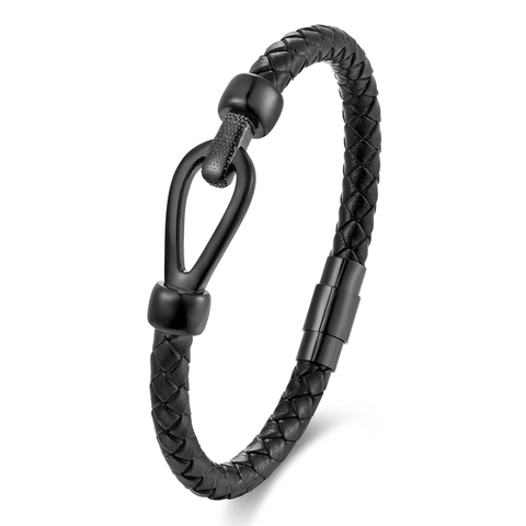 Men Minimalist Stainless Steel PU Leather Braided Bracelet Horseshoe Buckle Street Style Magnetic Clasp Punk Jewelry