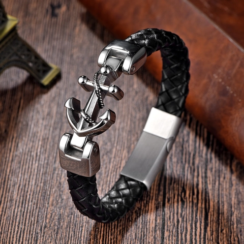 Men's Nautical Anchor Bracelet Stainless Steel Woven Leather Wrap Bracelet Punk Hip Hop Jewelry Accessories For Men Gift