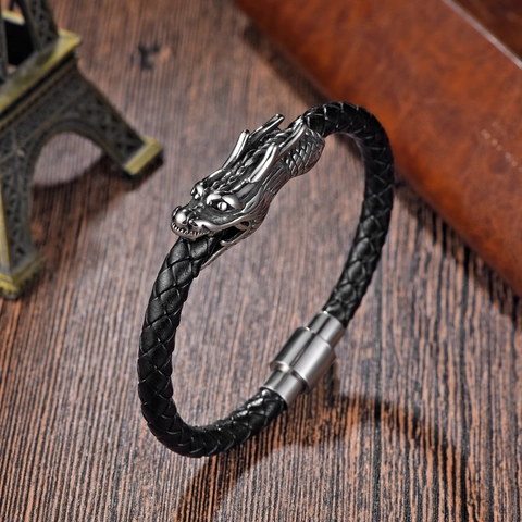 Men's Stainless Steel Dragon Head Woven Leather Bracelet Punk Rock Zodiac Dragon Biting Tail Magnetic Clasp Hand Jewelry