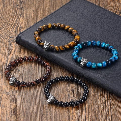 Stainless Steel Wolf Head Beaded Bracelet For Men Natural Tiger Eye Black Onyx Agate Stone Elastic Strand Bracelet Punk Jewelry