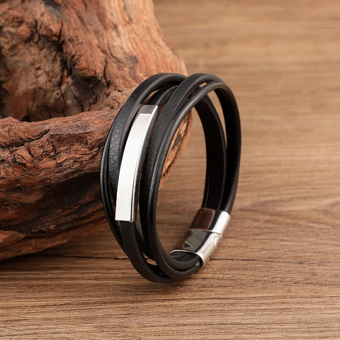 Pulsera de Cuero Negro de Varias Capas para Hombre Con Cierre Magnético de Acero Inoxidable Pulido Joyería Punk Regalo Hombre