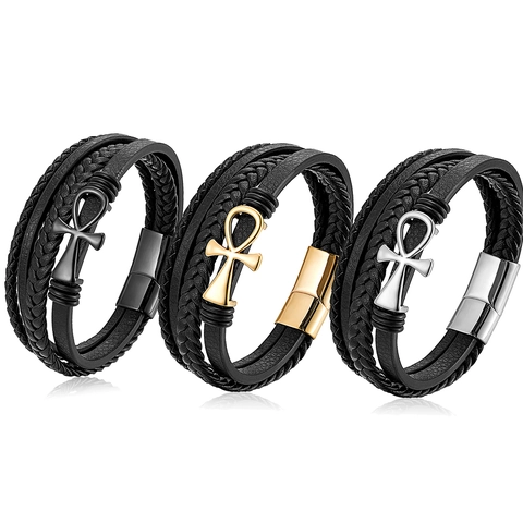 Bracciale da Uomo Multistrato in Pelle Intrecciata Con Ciondolo Croce Ankh in Acciaio Inossidabile Gioielli Punk