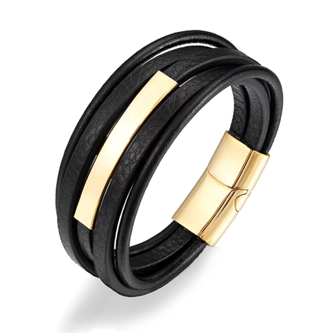 Pulsera de Cuero Negro de Varias Capas para Hombre Con Cierre Magnético de Acero Inoxidable Pulido Joyería Punk Regalo Hombre