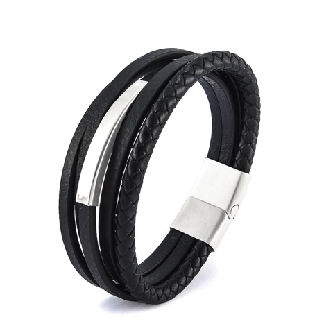 Bracciale in Pelle Multistrato Fatto a Mano per Uomo 304 Acciaio Inossidabile Chiusura Magnetica Cordino Intrecciato Gioielli Retro