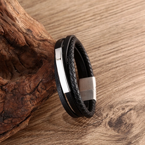 Bracciale in Pelle Multistrato Fatto a Mano per Uomo 304 Acciaio Inossidabile Chiusura Magnetica Cordino Intrecciato Gioielli Retro