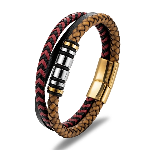 Bracciale da Uomo Multistrato in Vera Pelle Intrecciata Con Chiusura Magnetica in Acciaio Inossidabile 316 Oro Punk Gioielli
