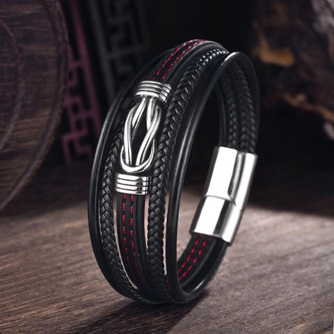 Men's Retro Punk Multi-layer Braided Microfiber Leather Bracelet With 316 Stainless Steel Magnetic Buckle Red Stitching Infinity Knot Jewelry