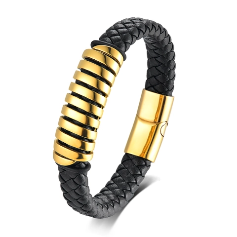 Men's Punk Woven Microfiber Leather Bracelet With Stainless Steel Magnetic Clasp Multi-layer Metal Rings Bangle Jewelry Gift