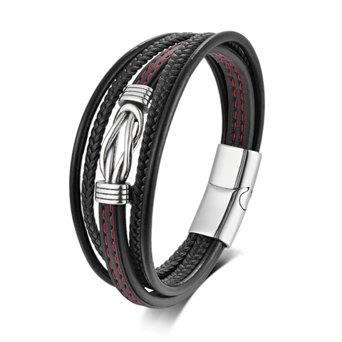 Men's Retro Punk Multi-layer Braided Microfiber Leather Bracelet With 316 Stainless Steel Magnetic Buckle Red Stitching Infinity Knot Jewelry