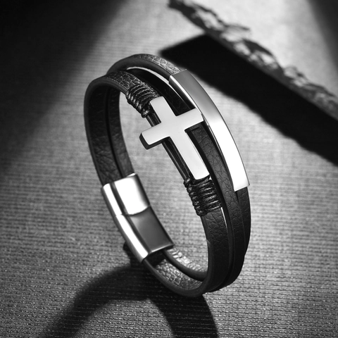 Pulsera Multicapa de Cuero Negro Vintage para Hombre Con Colgante de Cruz de Acero Inoxidable Cierre Magnético Punk