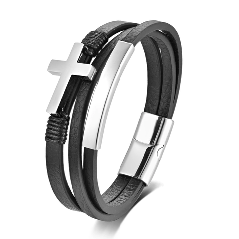 Pulsera Multicapa de Cuero Negro Vintage para Hombre Con Colgante de Cruz de Acero Inoxidable Cierre Magnético Punk