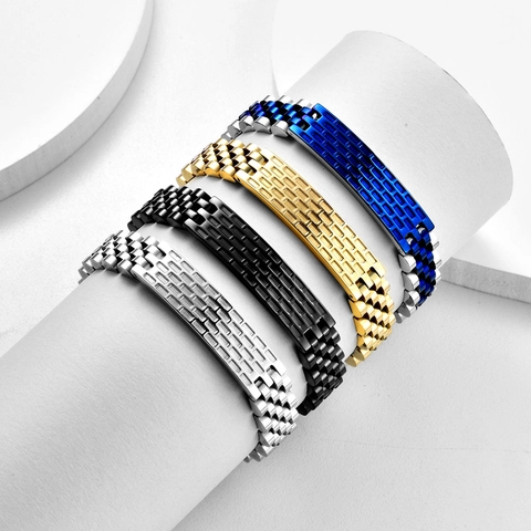 Men's Minimalist Stainless Steel Watchband Bracelet Geometric Grid Texture Electroplated Metal Link Chain Bracelet For Business Casual Daily Wear