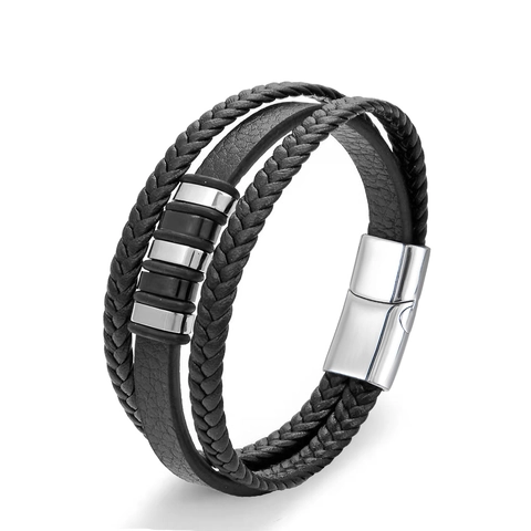 Pulsera Multicapa de Cuero Trenzado para Hombre con Cierre Magnético de Acero Inoxidable Punk Retro Joyería de Muñeca Casual
