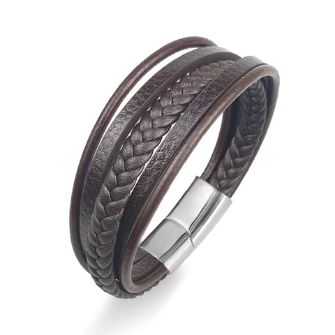 Men's Multi-layer Leather Woven Bracelet With Stainless Steel Magnetic Clasp Simple Punk Braided Cuff Jewelry Gift