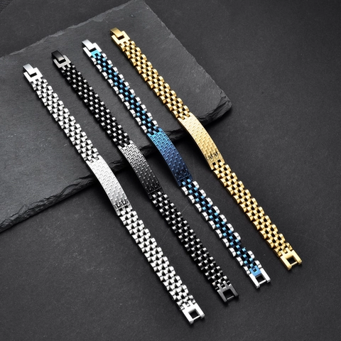 Men's Minimalist Stainless Steel Watchband Bracelet Geometric Grid Texture Electroplated Metal Link Chain Bracelet For Business Casual Daily Wear