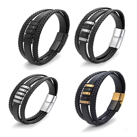 Pulsera Multicapa de Cuero Trenzado para Hombre con Cierre Magnético de Acero Inoxidable Punk Retro Joyería de Muñeca Casual