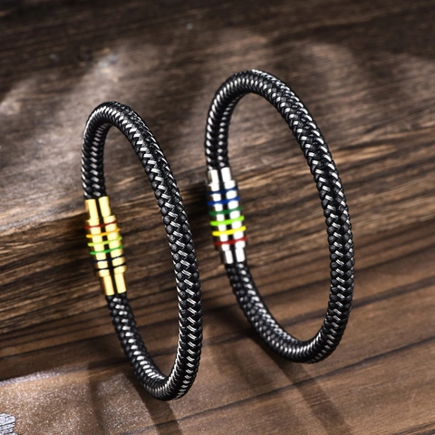 Bracelet Homme en Cordon de Cuir Tissé Acier Inoxydable Fermoir Magnétique Bijoux Rayures Arc-en-ciel Cadeau de Mode Punk
