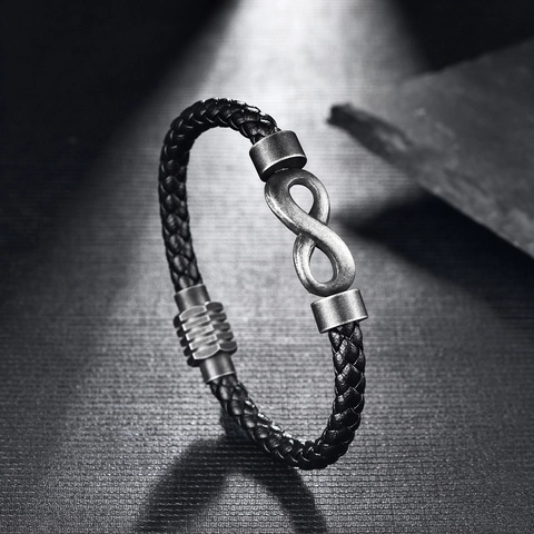 Vintage Men Braided Artificial Leather Bracelet Stainless Steel Infinity Symbol Charm Black Punk Style Jewelry Gift Accessories