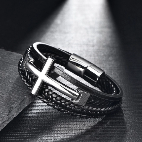 Pulsera de Cuero Trenzado Multicapa Vintage para Hombre Con Dije de Cruz de Acero Inoxidable Pulido Cierre Magnético Joyería Punk