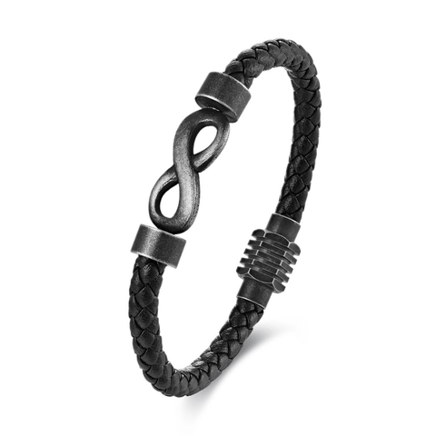 Vintage Men Braided Artificial Leather Bracelet Stainless Steel Infinity Symbol Charm Black Punk Style Jewelry Gift Accessories